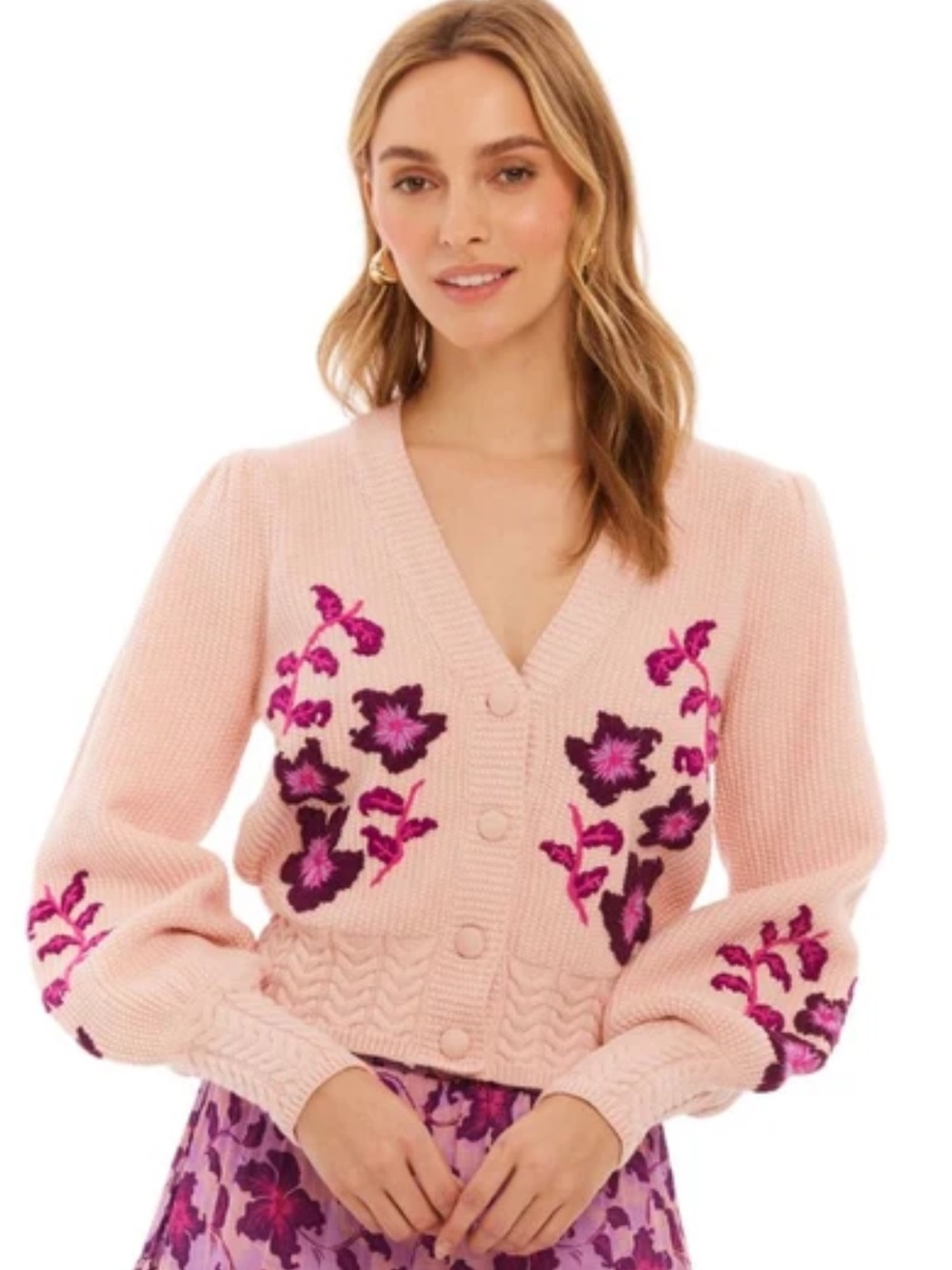 Floral Embroidered Light Pink V-Neck Cardigan